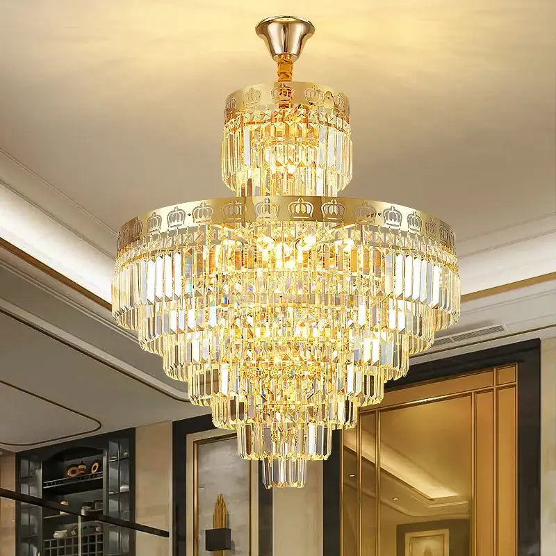 Luxury gold crystal duplex chandelier with golden frames and cascading prisms for living room decorbites crystal duplex decor
