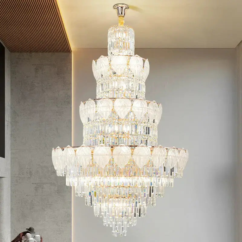 Luxury gold crystal duplex villa chandelier with multi-tiered clear faceted glass for elegant living room decorbites crystal duplex