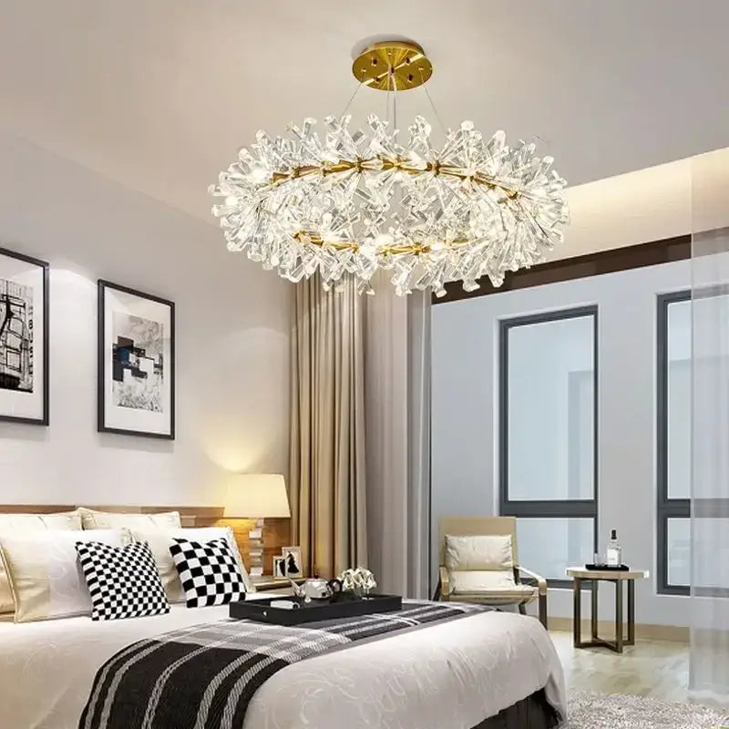 A luxury gold crystal flower chandelier with a circular metal frame and clear crystal elements for living room decorbites decor