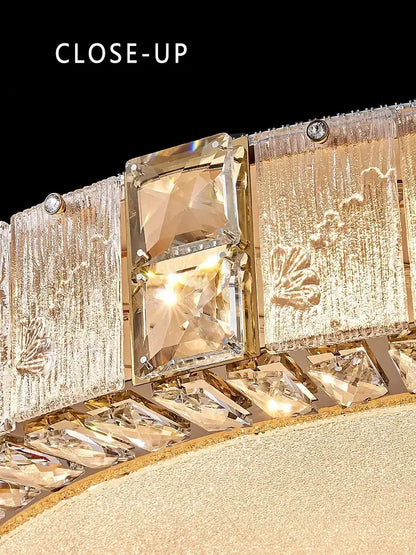 Luxury gold crystal glass ceiling light chandelier with rectangular faceted panels and dangling crystals for living room decorbites crystal glass luxury