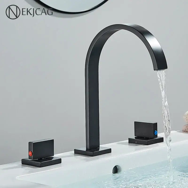 Black matte-finish waterfall basin faucet with two square handles featuring red and blue decorbites crystal handle accents