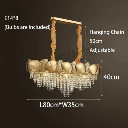 Gold-toned led ceiling chandelier with eight ornate shell-like fixtures and cascading crystal luxury tassels by decorbites