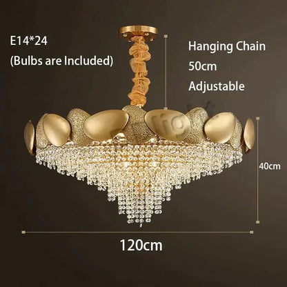 Gold-toned led ceiling chandelier with decorative textured shell-like frame and cascading crystal droplets by decorbites