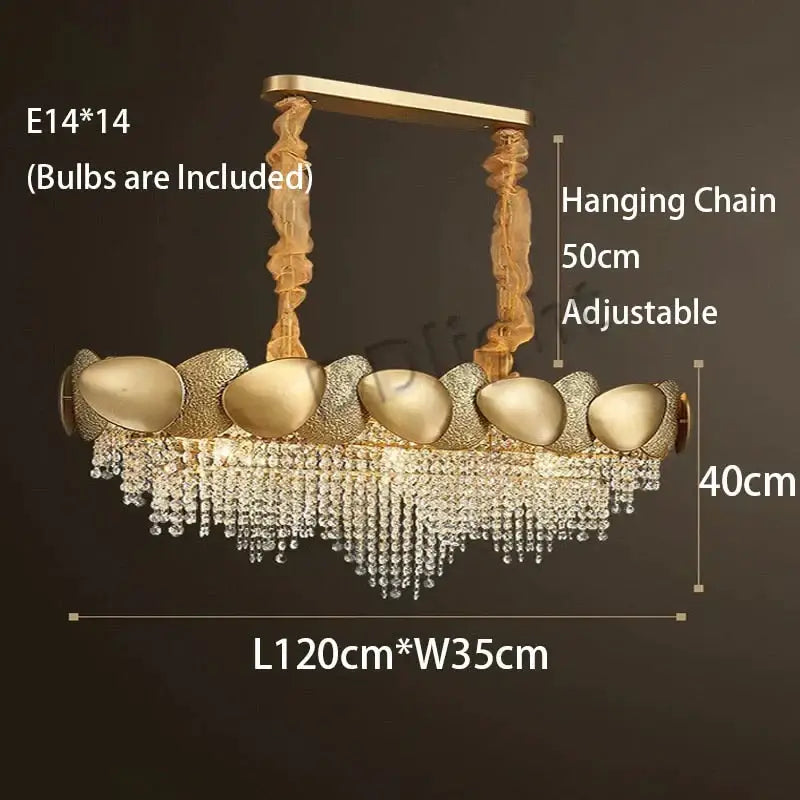 Gold-toned led ceiling chandelier from DecorBites with shell-like design and cascading crystal luxury tassels
