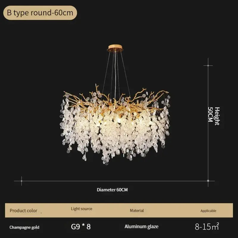 Luxury gold crystal led chandelier with champagne gold aluminum glaze and crystal droplets for dining room decorbites crystal led