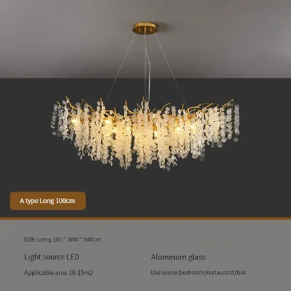 Elegant gold crystal led chandelier with cascading clear glass droplets and aluminum frame for modern dining decorbites crystal led