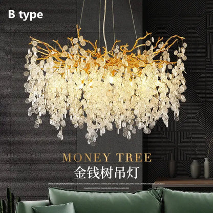 Luxury gold crystal led chandelier dining room pendant light with golden branch and cascading crystal leaves money tree decorbites crystal led