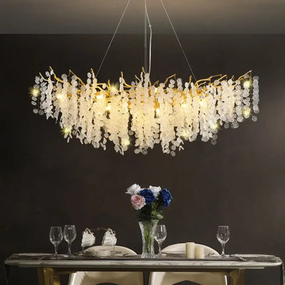 Luxury gold crystal led chandelier with golden branches and cascading clear crystal leaves for dining room decorbites crystal led