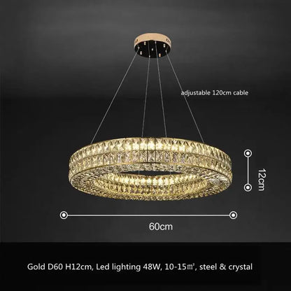 Luxury gold crystal led pendant light featuring two concentric rings of faceted crystals in a steel frame for dining room decorbites crystal led pendant