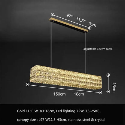 Luxury gold crystal led pendant light with rectangular LED chandelier, stainless steel canopy, and crystal accents for dining room