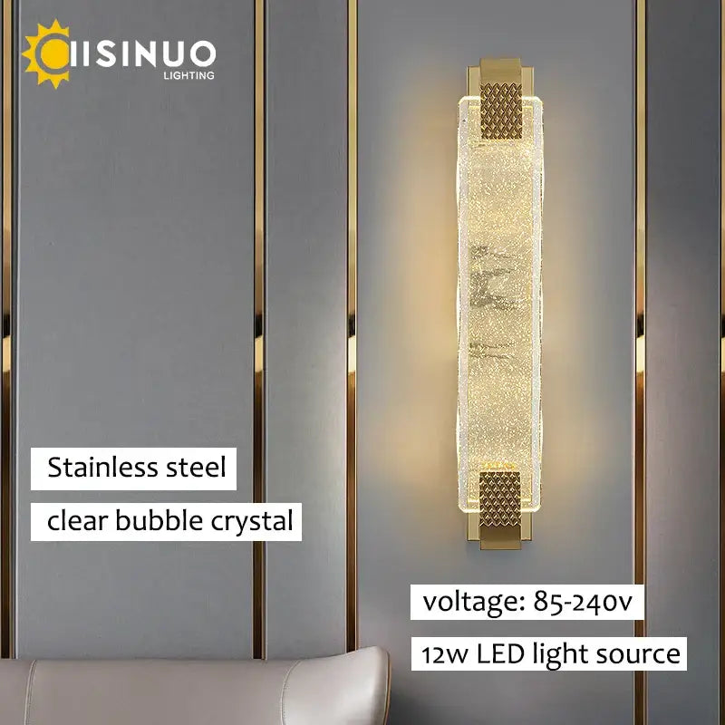 Luxury gold crystal led wall sconce with clear bubble crystal body and stainless steel accents for living room decorbites crystal led wall