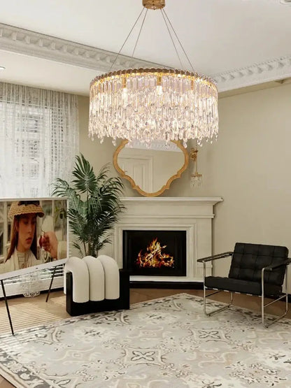 Luxury gold crystal pendant chandelier for living room with cascading prisms by decorbites crystal pendant