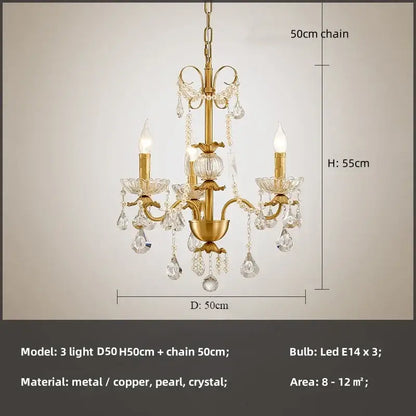 Luxury gold crystal pendant chandelier foyer light with three arms, crystal droplets, pearl accents, and decorbites crystal pendant design