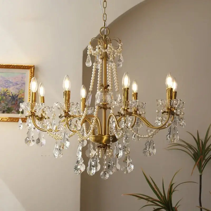Luxury gold crystal pendant chandelier foyer light featuring crystal droplets and pearl strands for decorbites decor