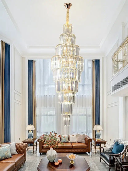 Luxury gold crystal pendant chandelier with tiered clear and amber glass prisms by decorbites crystal pendant
