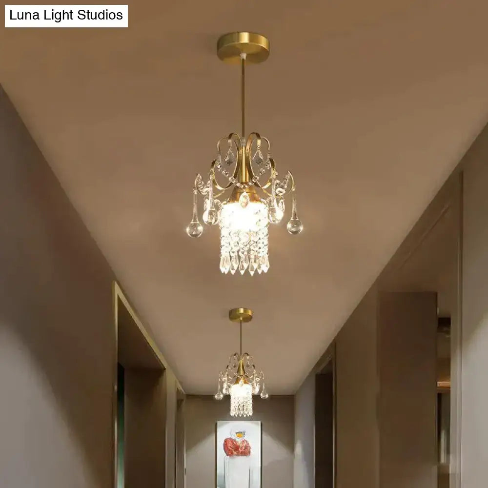 Gold-finished DecorBites™ luxury single head pendant light with crystal droplets and glass shade for dining room use