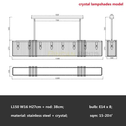 Luxury gold crystal rectangular pendant lights with stainless steel frame and eight e14 bulbs for dining room decorbites gold lustre