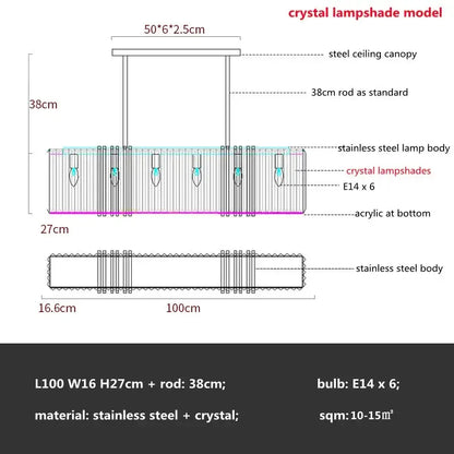 Luxury gold crystal rectangular pendant lights with stainless steel body and six e14 bulbs for dining room decorbites gold lustre