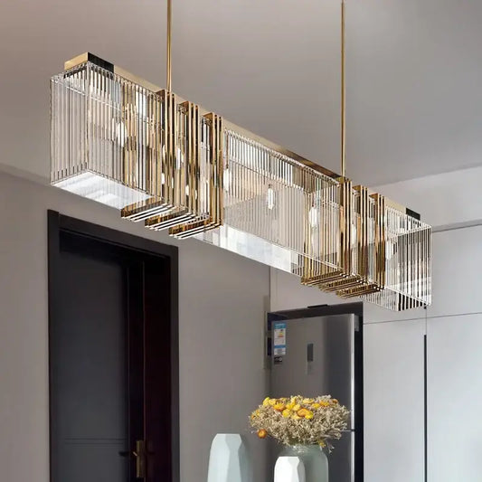 Luxury gold crystal rectangular pendant lights with vertical rods and recessed lighting for dining room decorbites gold lustre