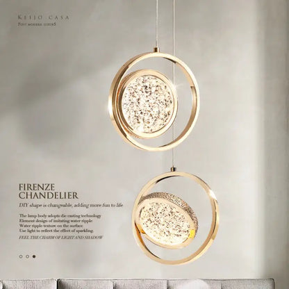 Luxury gold crystal ring pendant light featuring gold-toned circular chandeliers with sparkling textured glass inserts
