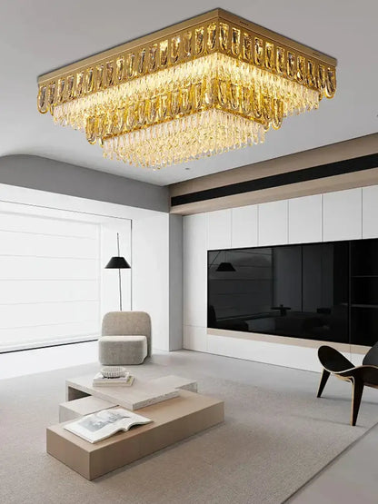 Luxury gold crystal round ceiling chandelier with a rectangular frame and cascading crystal droplets for dining room decorbites crystal round