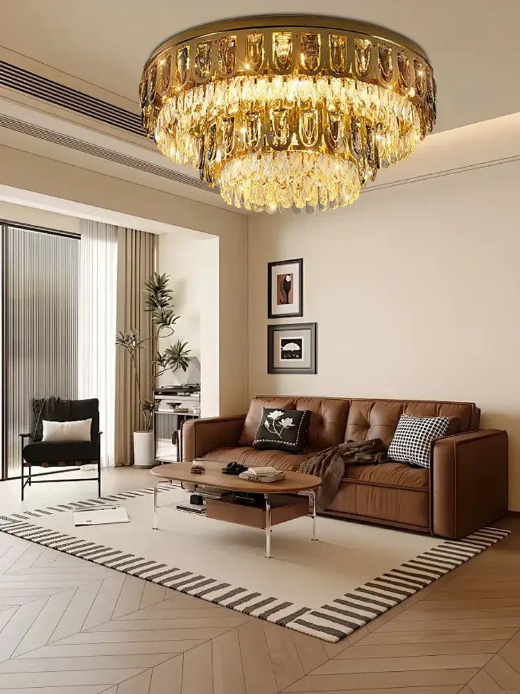 Luxury gold decorbites crystal round ceiling chandelier with multiple tiers of faceted crystals for dining room decor