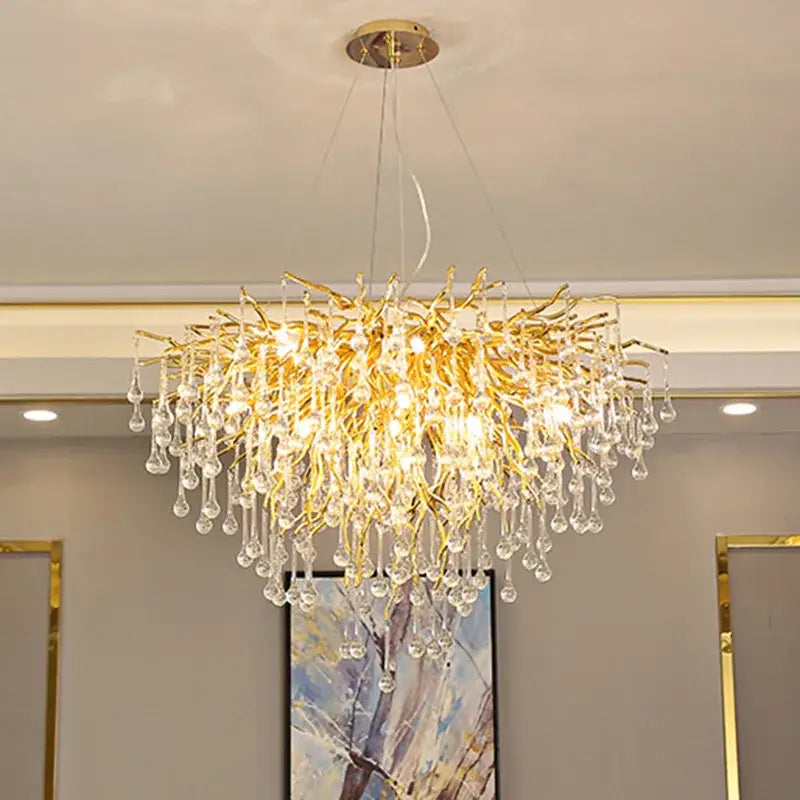 Luxury gold crystal tree branch chandelier featuring dangling crystal droplets for living room and dining room decorbites crystal tree
