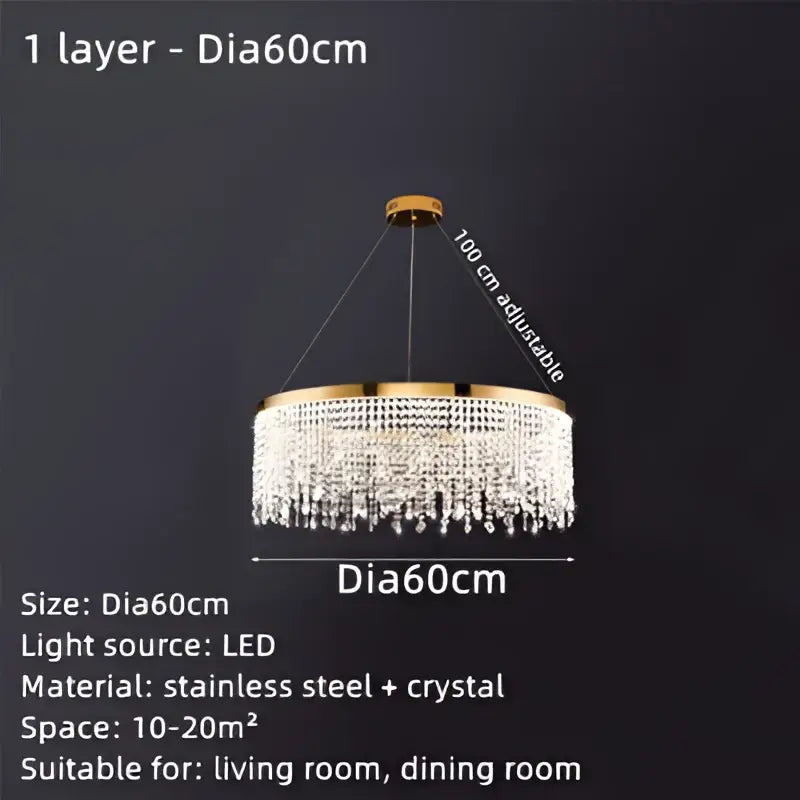 Luxury gold crystal water curtain pendant chandelier with circular frame and cascading crystal droplets for living room decorbites crystal water