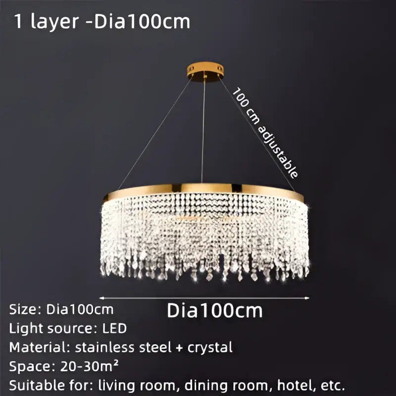 Luxury gold crystal water curtain pendant chandelier with cascading crystal droplets and stainless steel frame, 100cm diameter