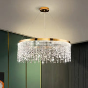 Luxury gold crystal water curtain pendant chandelier with gold metal frame and cascading clear crystal droplets for living room decorbites crystal water