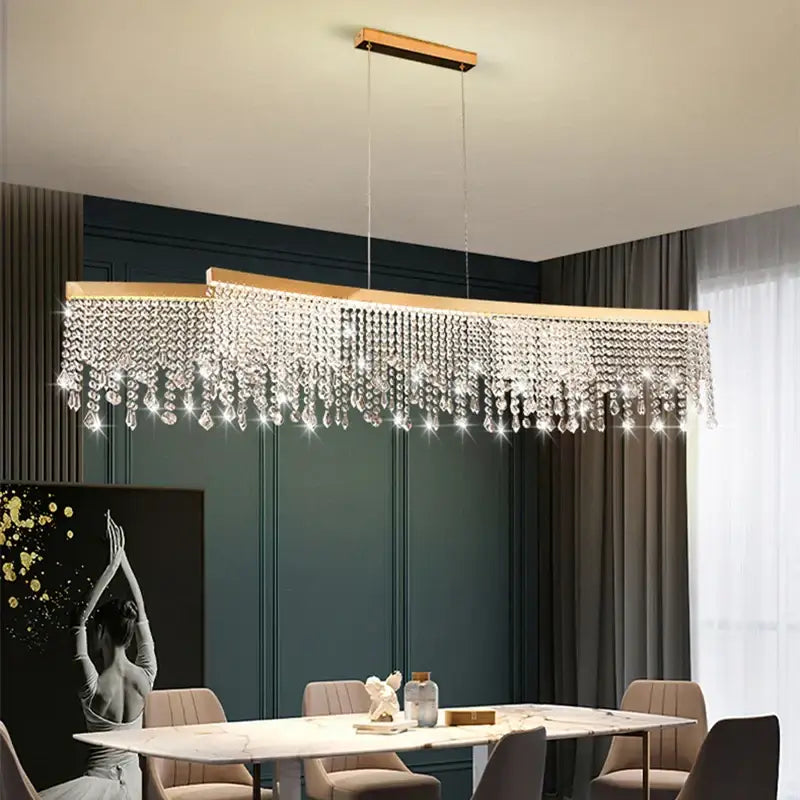 A luxury gold crystal water curtain pendant chandelier with a rectangular frame and cascading clear crystal droplets