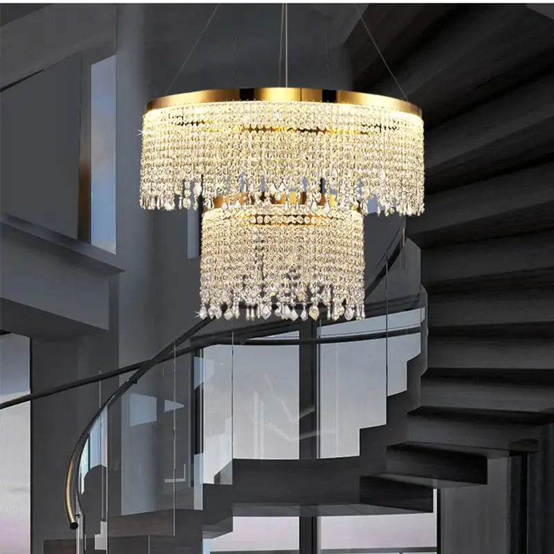 Luxury gold crystal water curtain pendant chandelier with cascading tiers and teardrop crystals for living room decorbites crystal water