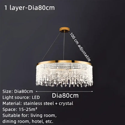 Luxury gold crystal water curtain pendant chandelier with multiple tiers of crystal beads crafted from stainless steel
