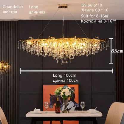 Luxury gold crystal water drop chandelier with cascading crystal droplets and warm led lights for dining room decorbites crystal water drop design