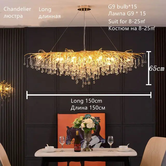 Luxury gold crystal water drop chandelier with cascading crystal droplets and warm lights for dining room decorbites crystal water drop lighting
