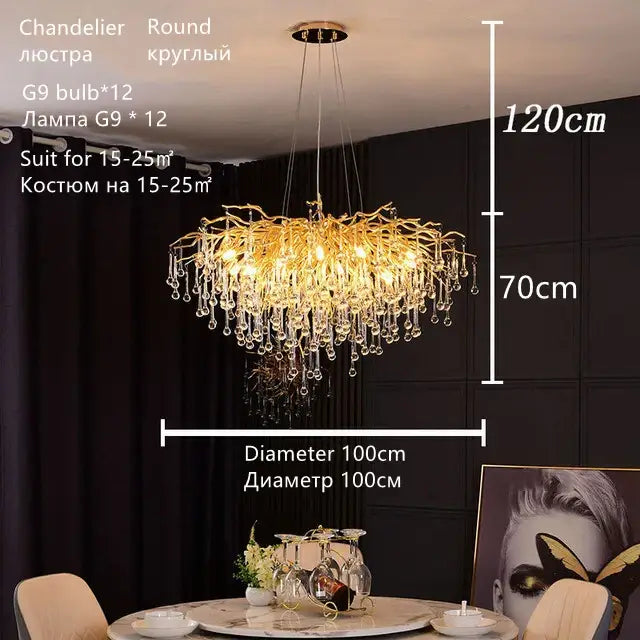 Luxury gold crystal water drop chandelier with 12 g9 bulbs featuring decorbites crystal water drop design for dining room decor