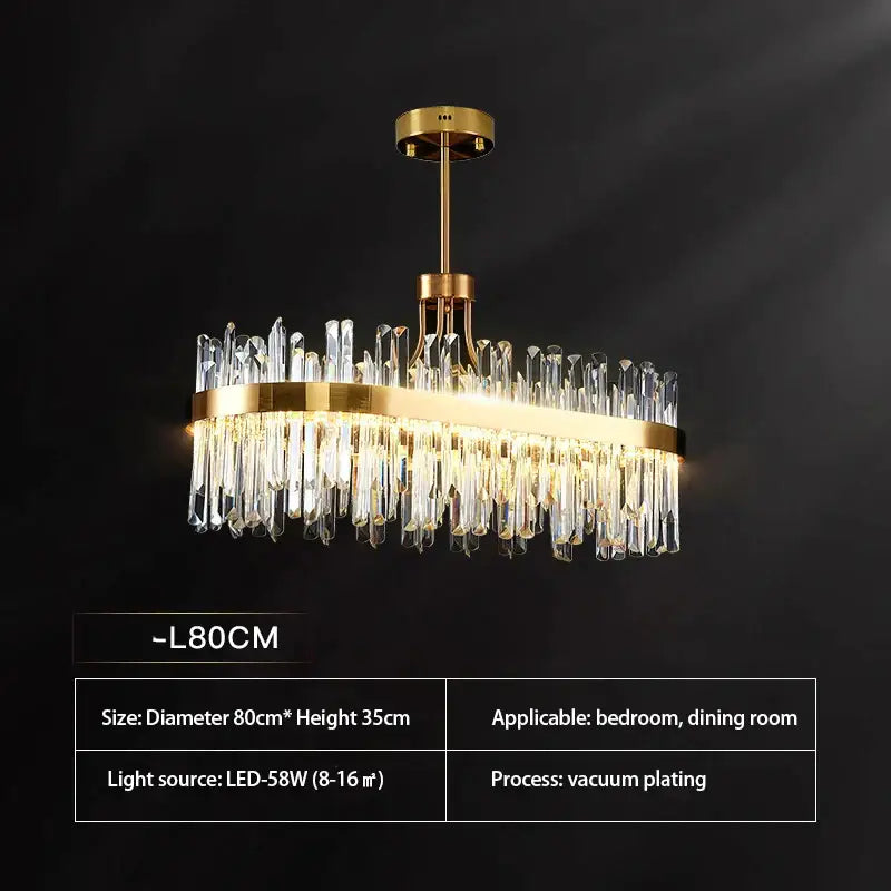 Luxury gold decorbites crystal chandeliers featuring a gold-plated oval frame with clear crystal prisms for dining rooms