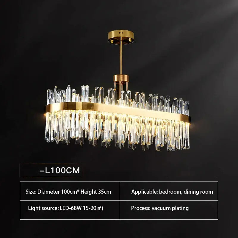 Luxury gold decorbites crystal chandeliers with gold-plated oval frame and dangling crystal prisms for dining room