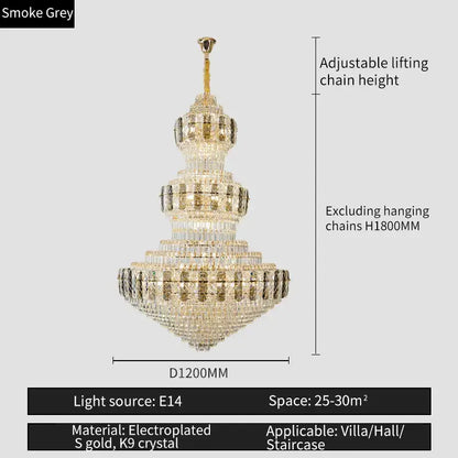 Luxury gold decorbites crystal duplex multi-tiered chandelier with cascading k9 crystal for grand living rooms