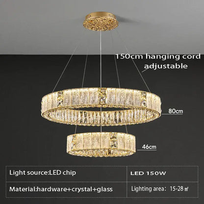Luxury gold decorbites crystal glass chandelier featuring gold-toned double rings with crystal and glass accents for living room lighting