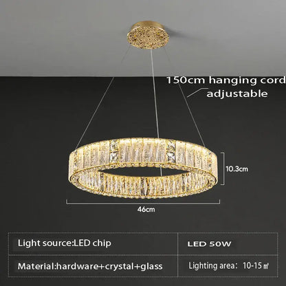 Luxury gold decorbites crystal glass chandelier with circular design and adjustable 150cm hanging cord for living room light