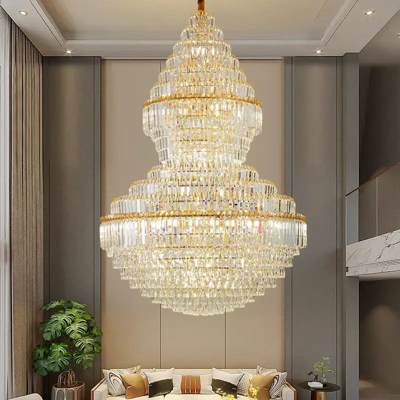 Luxury gold decorbites crystal hollow chandelier with cascading clear crystals for elegant living room lighting