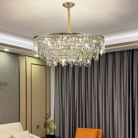 Luxury decorbites crystal led chandelier with gold-toned metal frame and clear faceted crystals for living room