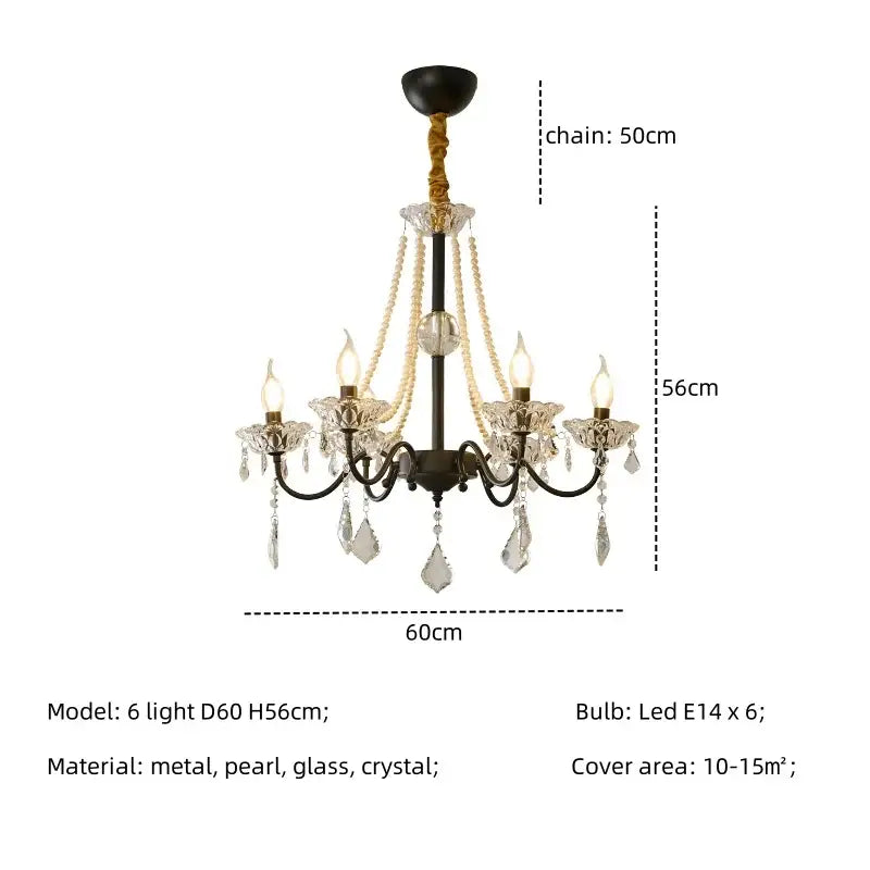 Elegant black metal decorbites crystal led chandelier with pearl accents and six led lights for living room decor