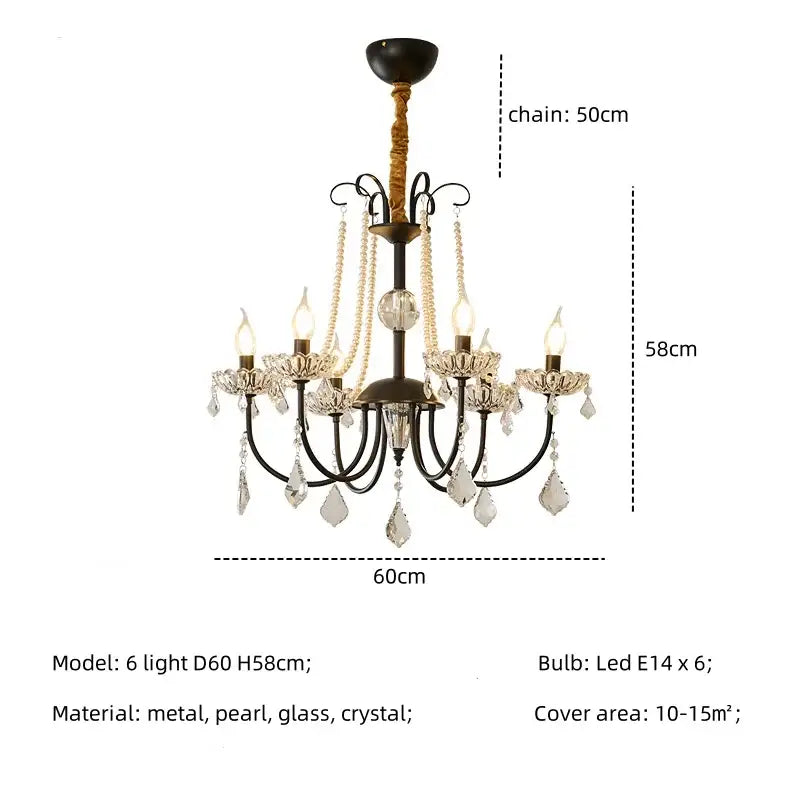 An elegant black metal decorbites crystal led chandelier with six arms and crystal droplets for living room lighting