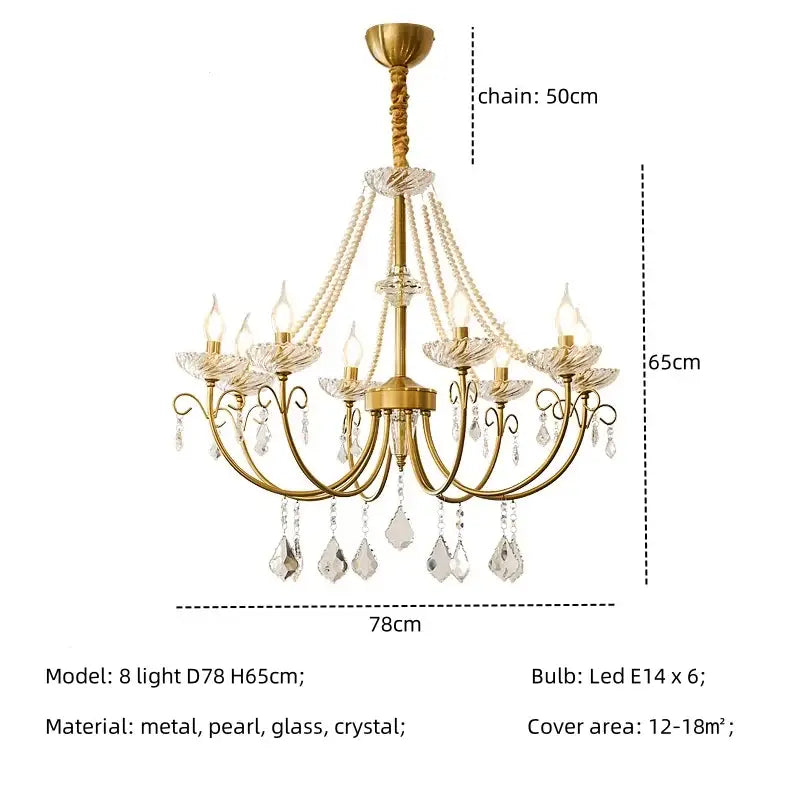 Luxury gold decorbites crystal led chandelier with eight arms crystal droplets and pearl-like beads for living room lighting