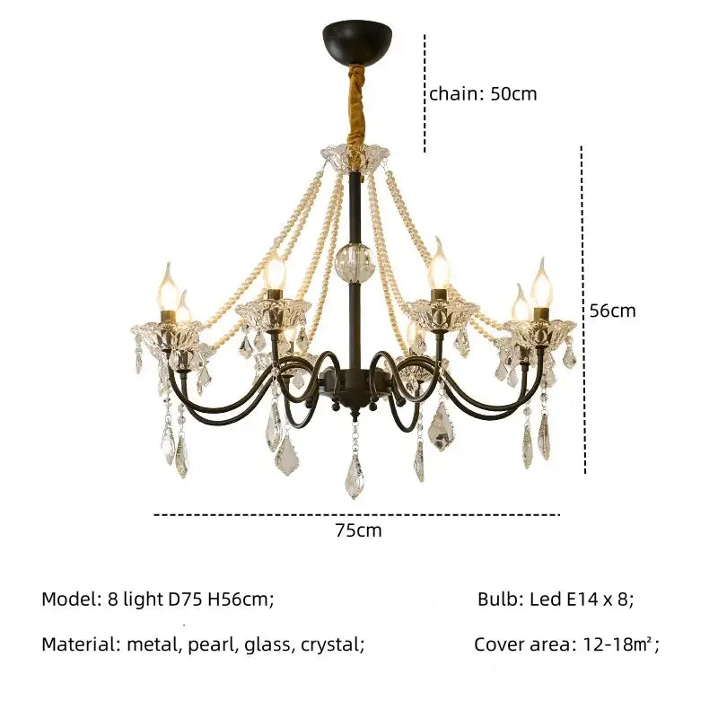 Elegant black metal decorbites crystal led chandelier with pearl strands and eight led lights for living room decor