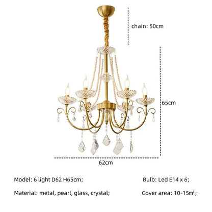 Luxury gold decorbites crystal led chandelier with six arms, crystal droplets, and glass shades for living room lighting