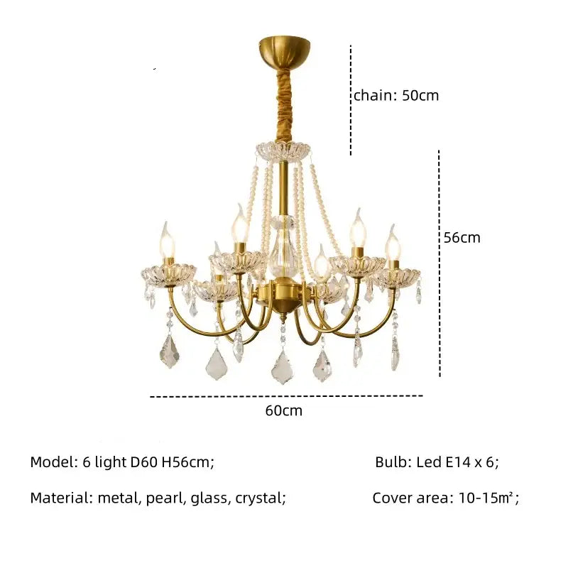 Luxury gold decorbites crystal led chandelier with six arms, crystal droplets, and pearl accents for living room pendant light