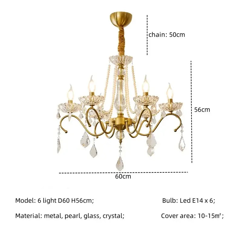 Elegant gold decorbites crystal led chandelier with six candle-style lights and crystal droplets for living room pendant light